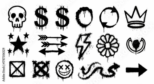 Graffiti spray paint drip icons collection. Urban street art symbols set with skull, arrow, and dollar signs