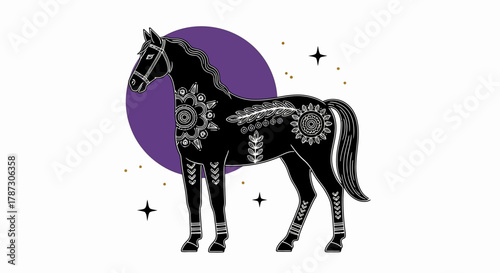 Mystical black horse silhouette with intricate white folk art patterns against a purple celestial background with stars