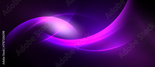 Abstract purple design features flowing curves, bright light source. Dark background emphasizes vibrant shapes, creating dynamic visual effect.