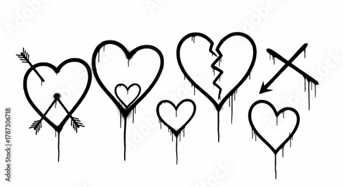 Urban street art collection of dripping graffiti hearts. A set of vector symbols representing love, romance, and painful heartbreak