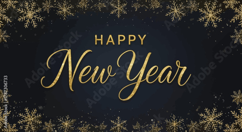Elegant Happy New Year greeting card with luxurious golden script and shimmering snowflake border on a dark background