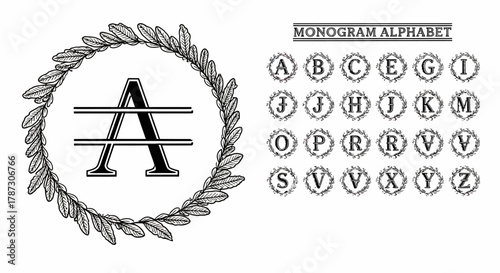 Elegant monogram alphabet set with a decorative leafy wreath. Classic initial letters for branding and design projects
