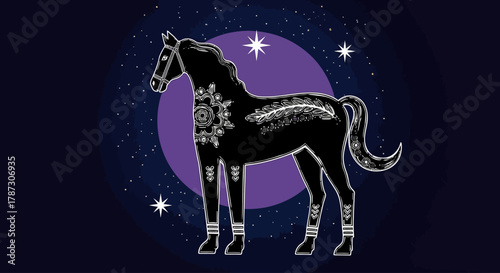 Whimsical celestial stallion illustration with intricate white ornaments on a starry night background
