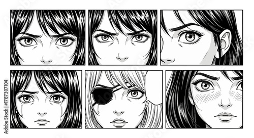 Digital vector illustration set of a beautiful woman's eyes conveying different feelings in a dramatic black and white comic art style
