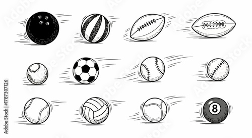 Hand-drawn collection of various sports balls in motion, illustrated in a vintage sketch or engraving style