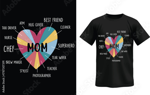 Colorful Mom Typography T-Shirt Design – Mother’s Day Heart Word Art with Funny Mom Role