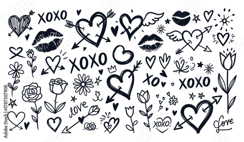 Collection of hand drawn black hearts kisses flowers and xoxo text on white background love