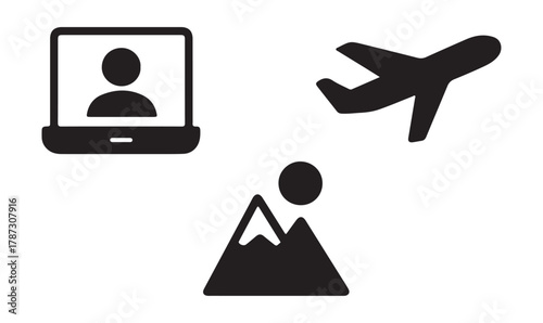 Travel planning icons for booking flights accommodation and destinations