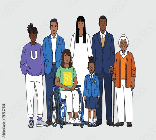 Illustration of diverse group of people standing together, representing different ages, ethnicities, and abilities, inclusion and diversity concept