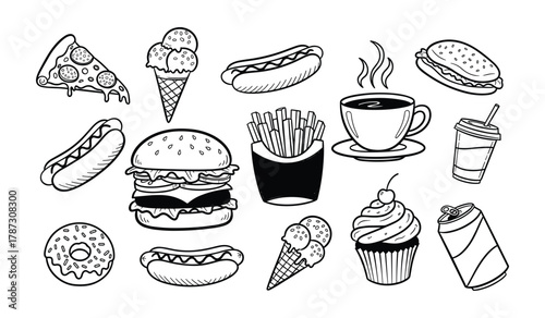 Hand drawn doodle collection of fast food and sweet treats pizza slice
