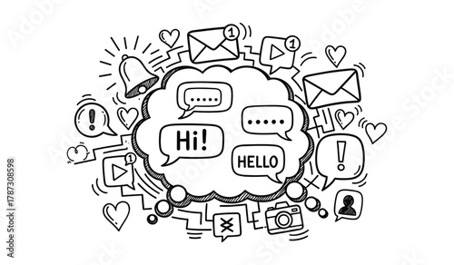 Hand drawn doodle social media icons and speech bubbles with hi hello messages vector