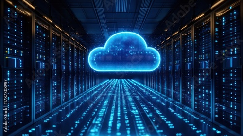 Futuristic server room with glowing cloud symbol