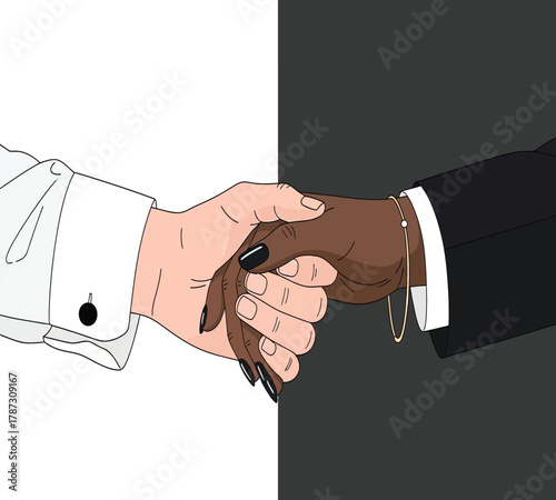 Illustration of two hands of different races holding each other in unity and support, symbolizing diversity, equality, and antiracism on a split background