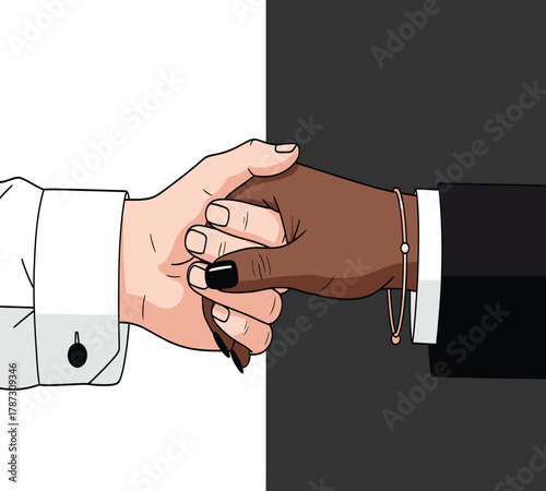 Illustration of two hands of different races holding each other in unity and support, symbolizing diversity, equality, and antiracism on a split background
