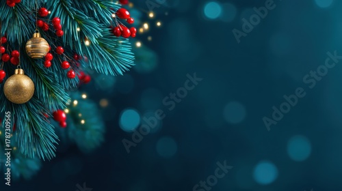 Festive Christmas Background with Golden Ornaments, Red Berries, and Fir Branches