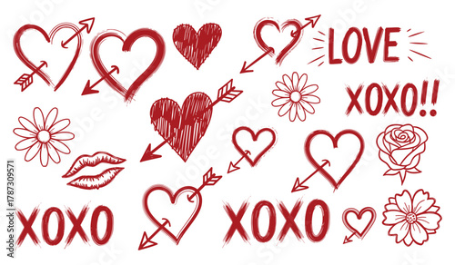 Red hand drawn hearts arrows xoxo lips rose and flowers on white background love