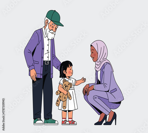 Illustration of a muslim family with a child and grandfather, showcasing intergenerational relationships and cultural diversity in a modern setting