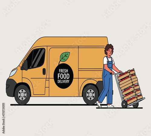 Illustration of a delivery woman is transporting fresh food in a yellow van, ensuring prompt and reliable service for customers who value quality and convenience