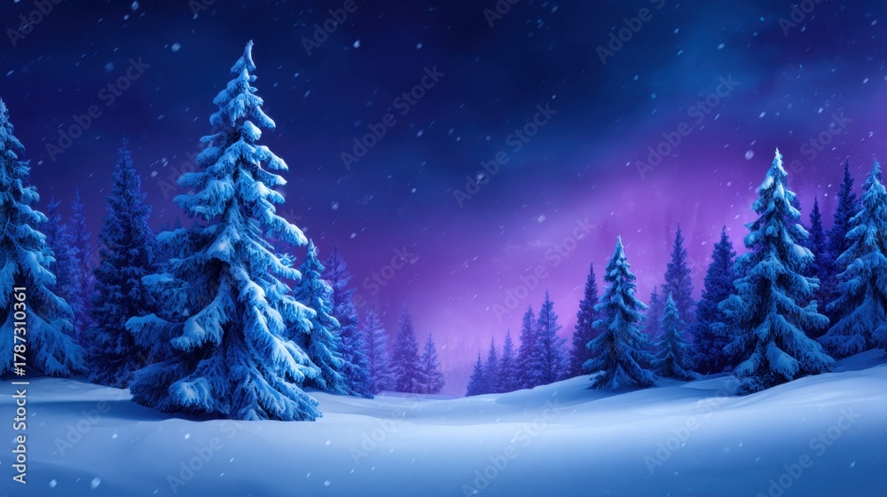 Naklejka premium Magical Winter Landscape with Snowfall and Purple Sky