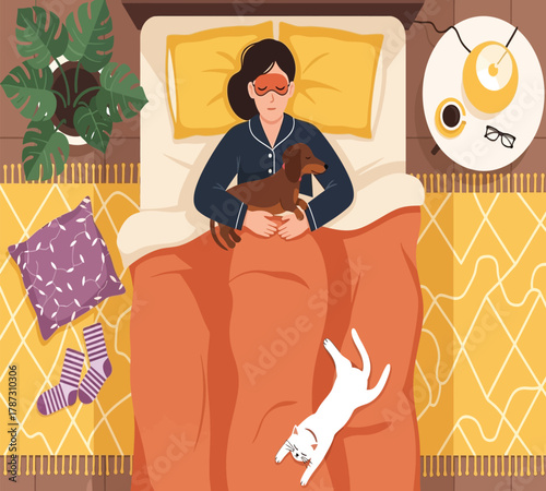 Illustration of a woman is sleeping soundly in her bed with her dog, enjoying a peaceful nights rest and dreaming sweet dreams in a cozy and comfortable setting