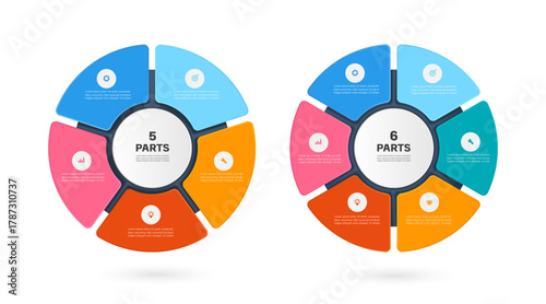 Two circular templates, divided into 5 and 6 sections, for designing infographics about processes or steps in a process, clearly divided into multiple colors, vector isolated for precent design