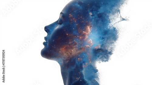 Double exposure artwork human head profile silhouette blended vibrant galaxy star nebula cloud cosmic color.