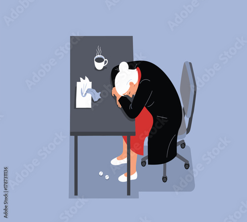 Illustration of exhausted woman sleeping at her desk with a cup of coffee and tissues, depicting burnout, stress, and the need for rest
