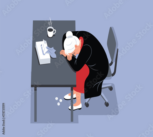 Illustration of exhausted woman sleeping at her desk with a cup of coffee and tissues, depicting burnout, stress, and the need for rest