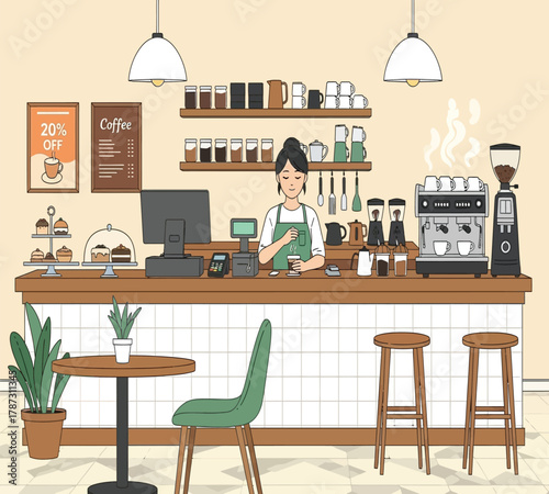 Illustration of a cozy coffee shop scene with a barista serving coffee, pastries, and a warm atmosphere, creating a welcoming space for customers to enjoy their drinks