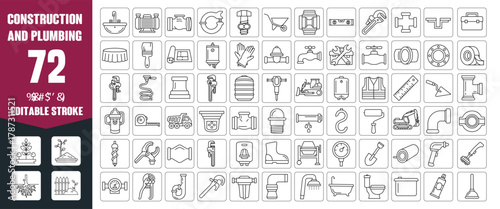 Construction and Plumbing Editable Icon Set – Modern Thin Line Vector Icons of Building, Mechanic, and House Tools | Professional Editable Outline Icons for Construction, Plumbing, Repair Projects