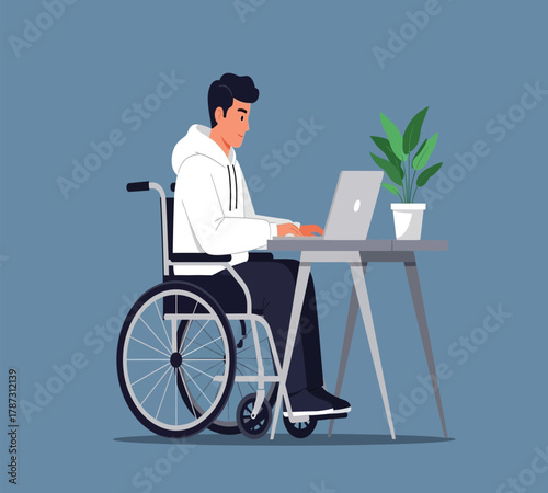 Illustration of a man in a wheelchair working on a laptop at a desk, promoting inclusivity and accessibility