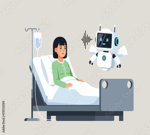Illustration of a patient is lying in a hospital bed while a robot is talking to her, providing assistance and companionship during her recovery process