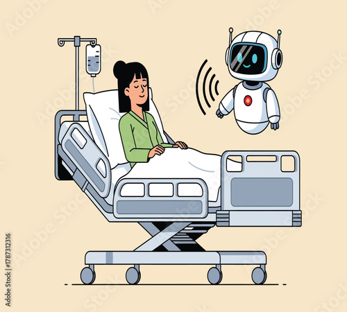 Illustration of a patient is lying in a hospital bed while a robot is talking to her, providing assistance and companionship during her recovery process