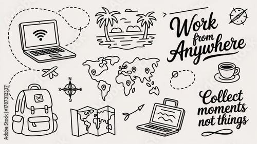 Work from anywhere vector illustration featuring laptop world map and travel icons perfect for remote work and digital nomad concepts