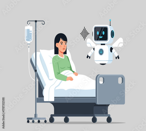 Illustration of a patient is lying in a hospital bed while a robot is talking to her, providing assistance and companionship during her recovery process