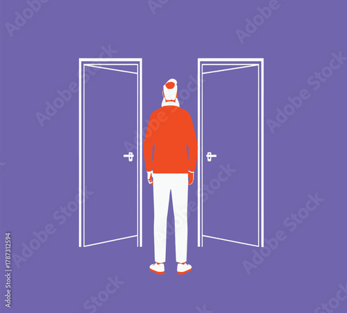 Illustration of a person stands before two open doors, contemplating which path to choose, symbolizing decisionmaking and the uncertainty of future outcomes