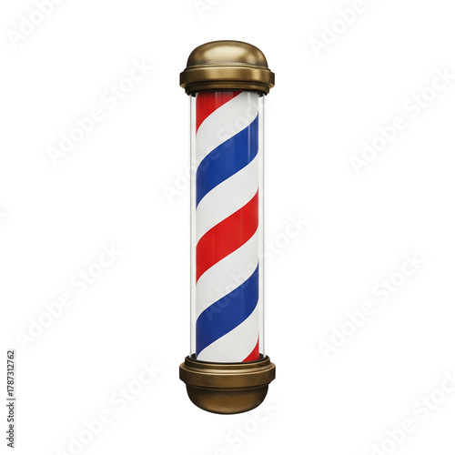 A classic vintage barber shop pole with iconic spiraling red, white, and blue stripes. A traditional symbol of a hairdresser or salon