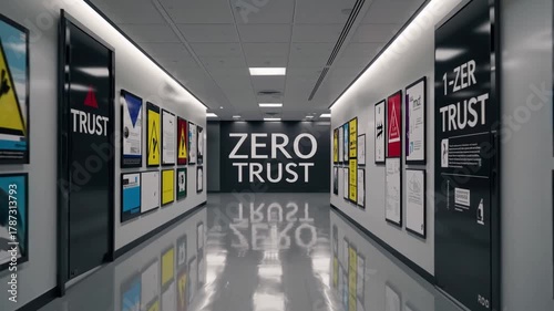 Exploring a modern office corridor emphasizing zero trust security principles with prominent safety signage