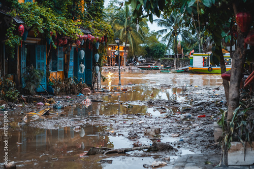 Εκτύπωση καμβά flooded city or town with buildings submerged in overflow water and mud, village