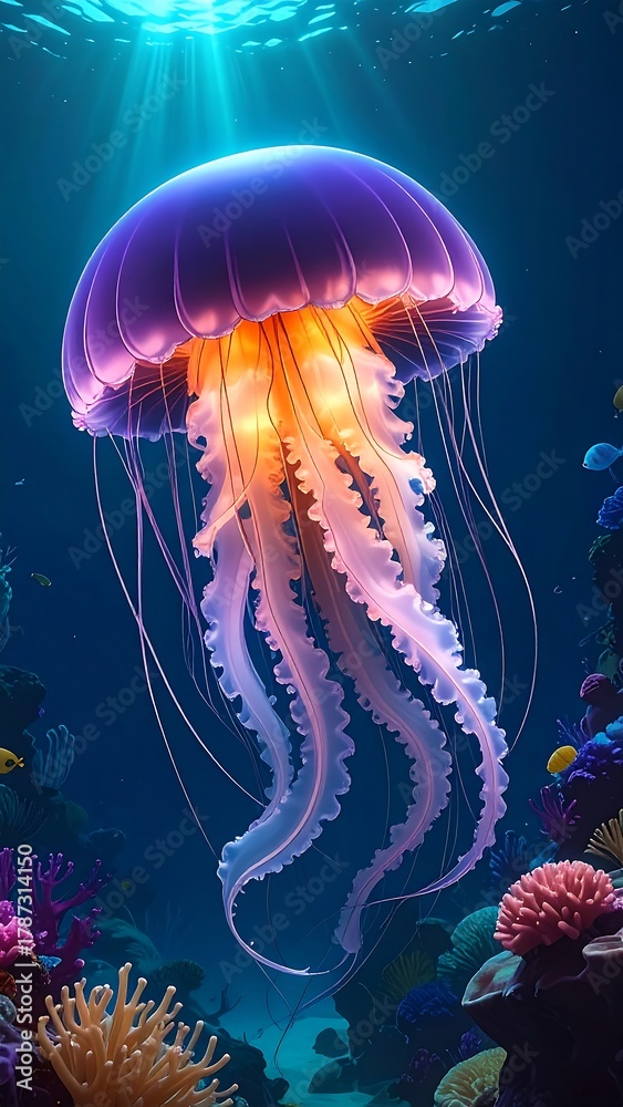 Obraz premium Enchanting Jellyfish in Deep Blue Sea - A Mesmerizing Underwater Scene.