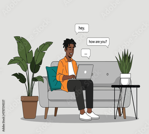 Illustration of a young man is sitting on a sofa at home and chatting with friends on his laptop he is surrounded by plants and furniture in a cozy living room