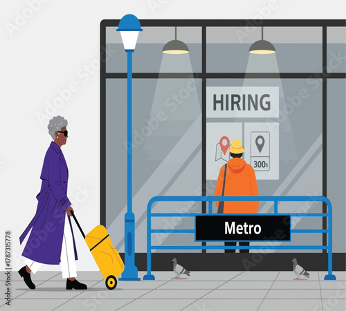 Illustration of an elderly woman with a suitcase walks past a metro station with a hiring sign, pigeons, and a blue light post, showcasing urban life and job opportunitiesIllustration of an elderly wo