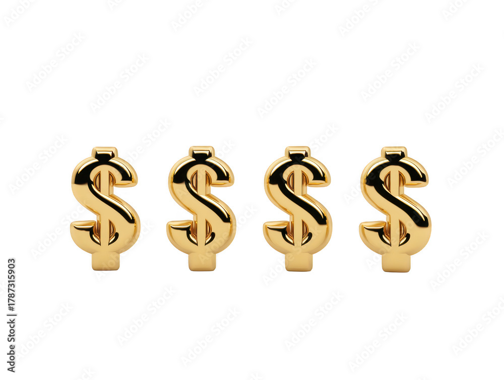 Obraz premium Four gold dollar signs in row, isolated on transparent background, symbolizing wealth, finance, investment, luxury, and economic success