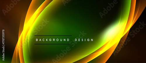 Abstract vibrant design. Smooth curves blend yellow, green, brown hues. Dark background emphasizes central glowing element. Text reads background design.