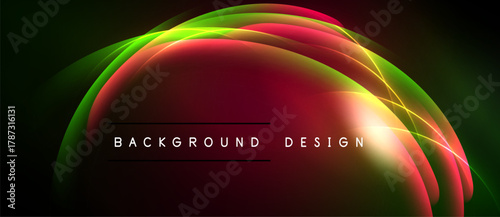 Abstract neon lights create flowing curves. Vibrant colors blend into dark background. Text reads background design.