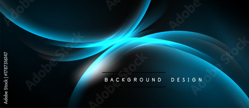 Abstract blue shapes overlap dark background. Glowing lines create dynamic, modern visual effect. Simple text reads background design.
