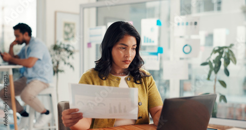 Photography Laptop, business woman or document in office for campaign oversight, KPI data or coworking