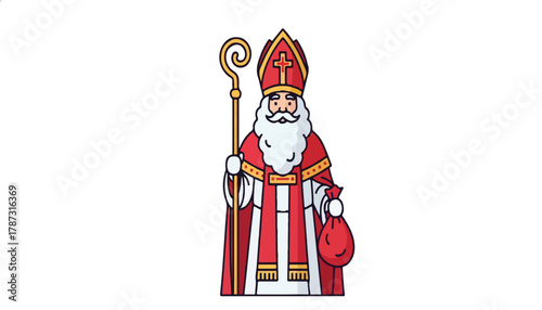 Illustration of Sinterklaas, wearing a red and white bishop's robe, holding a golden staff and a red bag.
