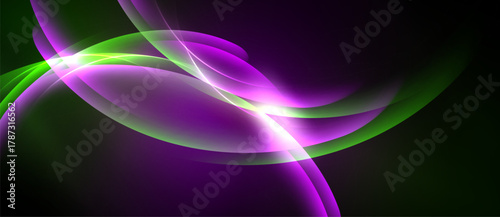 Abstract design features flowing purple, green light curves. Bright center radiates energy, contrasting dark background. Smooth gradients create dynamic visual effect.