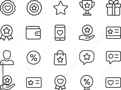 Loyalty & Rewards Line Icons Pack – Badge, Gift, Coupon & Reward Card Vector Icons